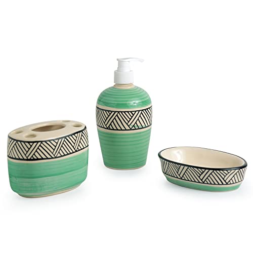 Exclusivelane Sea Green Sky 3 Piece Ceramic Bathroom Accessories Set Of 3 (Soap Tray, Ceramic Toothbrush Holder For Bathroom,